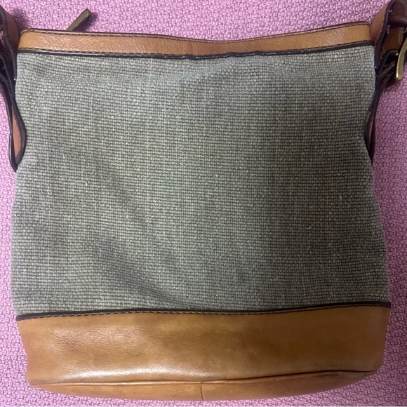 FOSSIL MADDOX Leather Khaki Canvas Bucket Crossbody Shoulder Bag Traveler - Picture 5 of 15